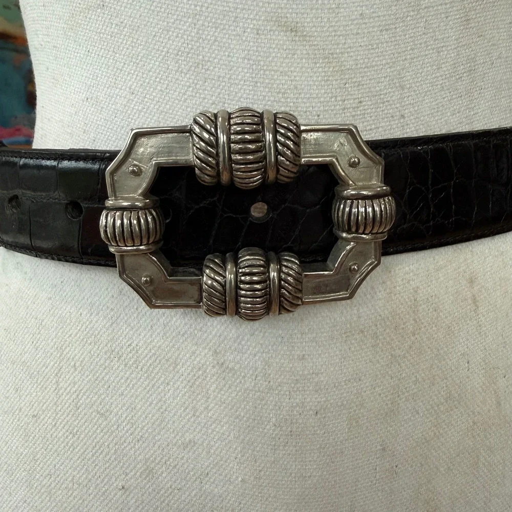 Carelen Designs Black Croc Embossed Leather Belt‎ Silver Buckle Made in USA Sz M